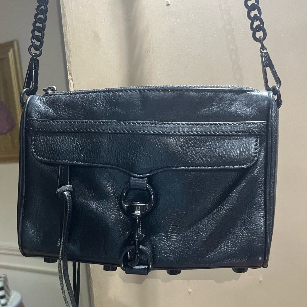 Rebecca Minkoff Morning After Bag black on black leather crossbody bag.